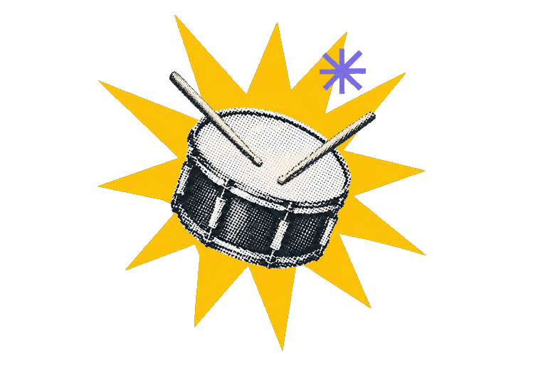 Halftone drum with drumsticks over a yellow starburst and lavender asterisk