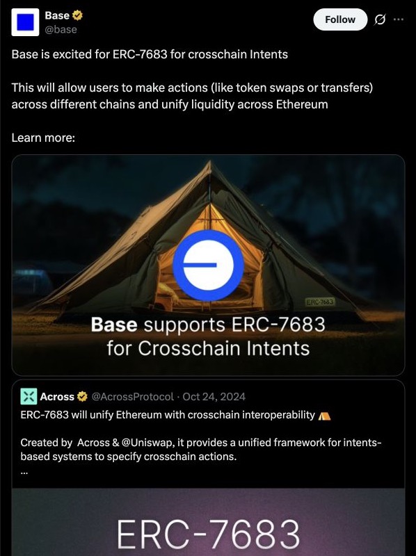Screenshot of Base announcing support for ERC-7683 on X
