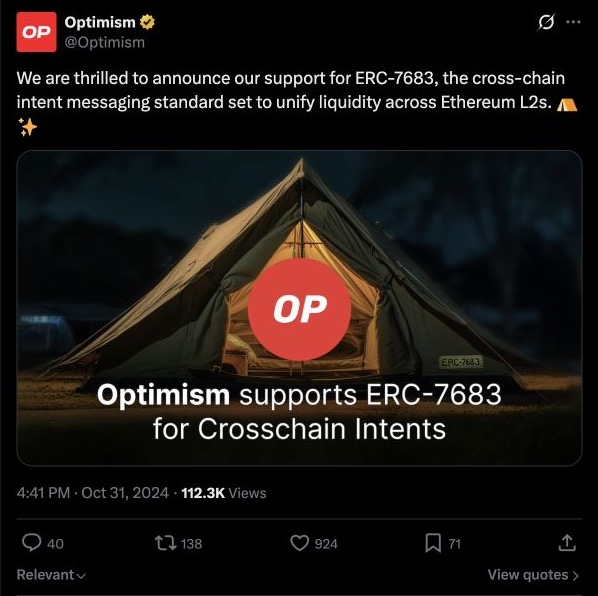 Screenshot of Optimism announcing support for ERC-7683 on X